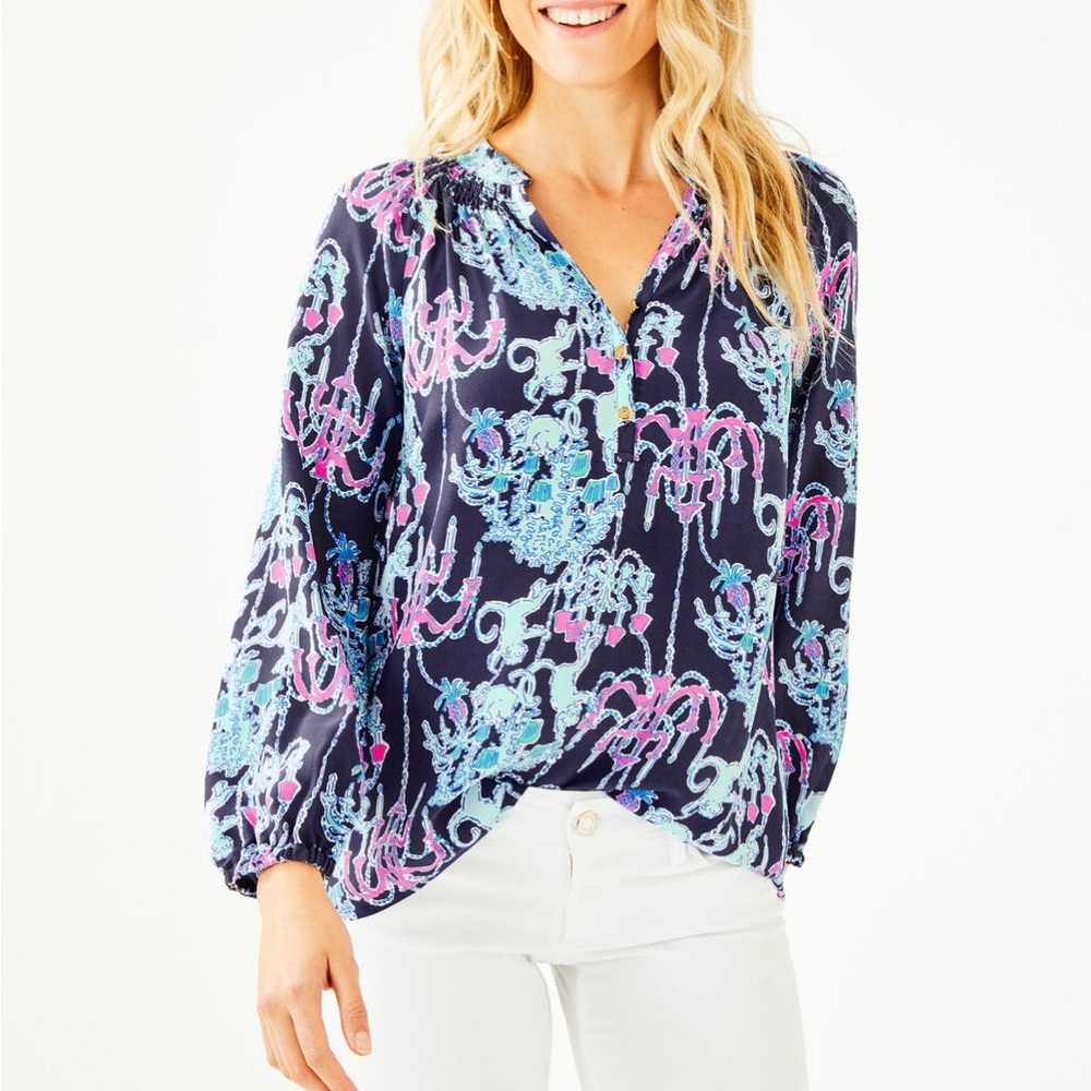 Lilly Pulitzer Elsa Silk Long Sleeve Monkey Trouble Blouse (M)